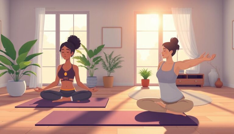 A small group practising mindfulness exercises in a calm, naturally lit room.