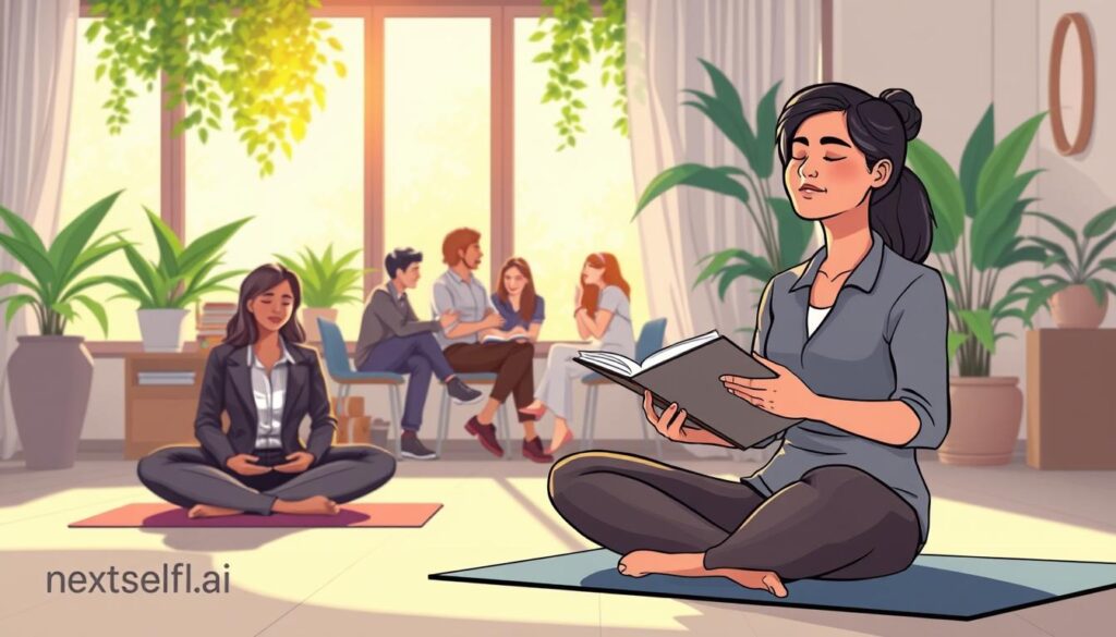 A serene indoor setting that represents self-awareness practices, featuring a diverse group of individuals engaged in mindful activities. In the foreground, a woman in professional attire sits cross-legged on a yoga mat, practicing meditation with closed eyes and a peaceful expression. Beside her, a man in casual yet modest clothing is journaling thoughts in a notebook. In the middle ground, a group of three friends engage in a reflective discussion, showcasing camaraderie and growth. The background is softly lit by natural light streaming through large windows adorned with green plants, creating a calming atmosphere. The overall mood is tranquil yet inspiring, embodying personal growth and the integration of self-awareness into daily life. The brand "nextself.ai" subtly integrated in the ambiance suggests a journey towards self-improvement.